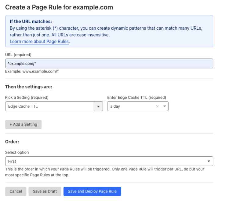 Example Page Rule with the ‘Edge Cache TTL’ setting