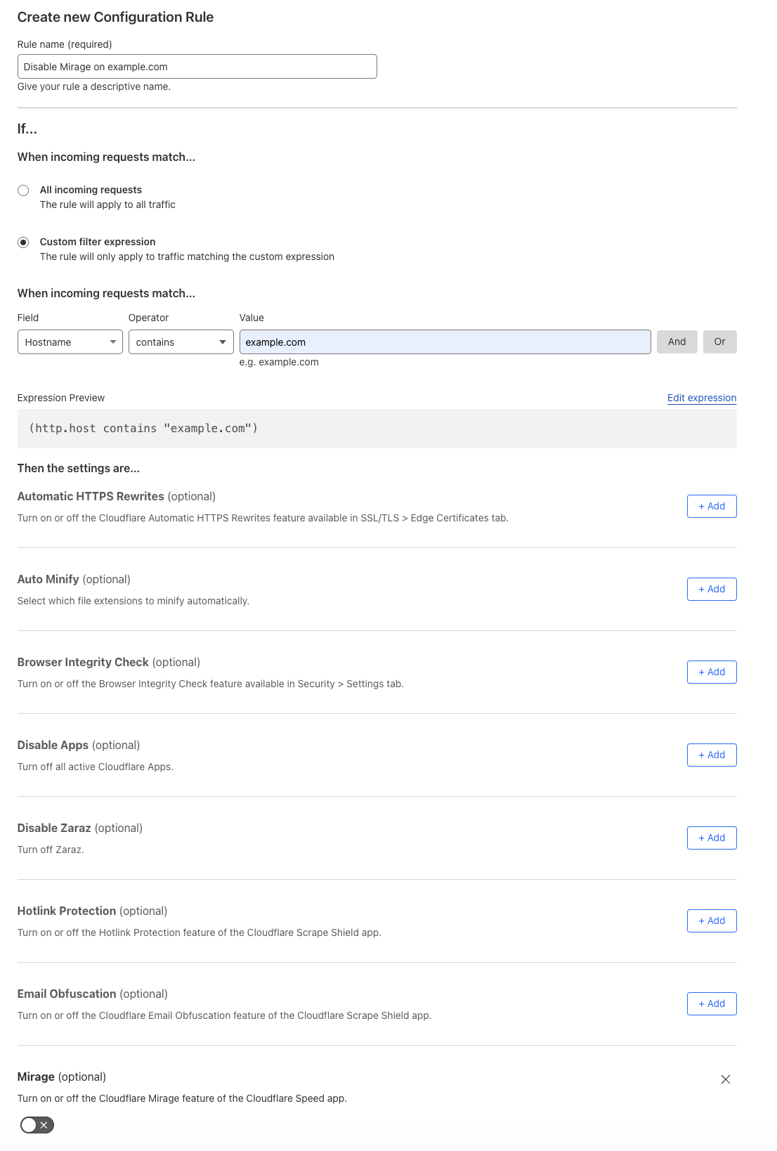Configuration rule matching the ‘Mirage > Off’ setting of the example Page Rule