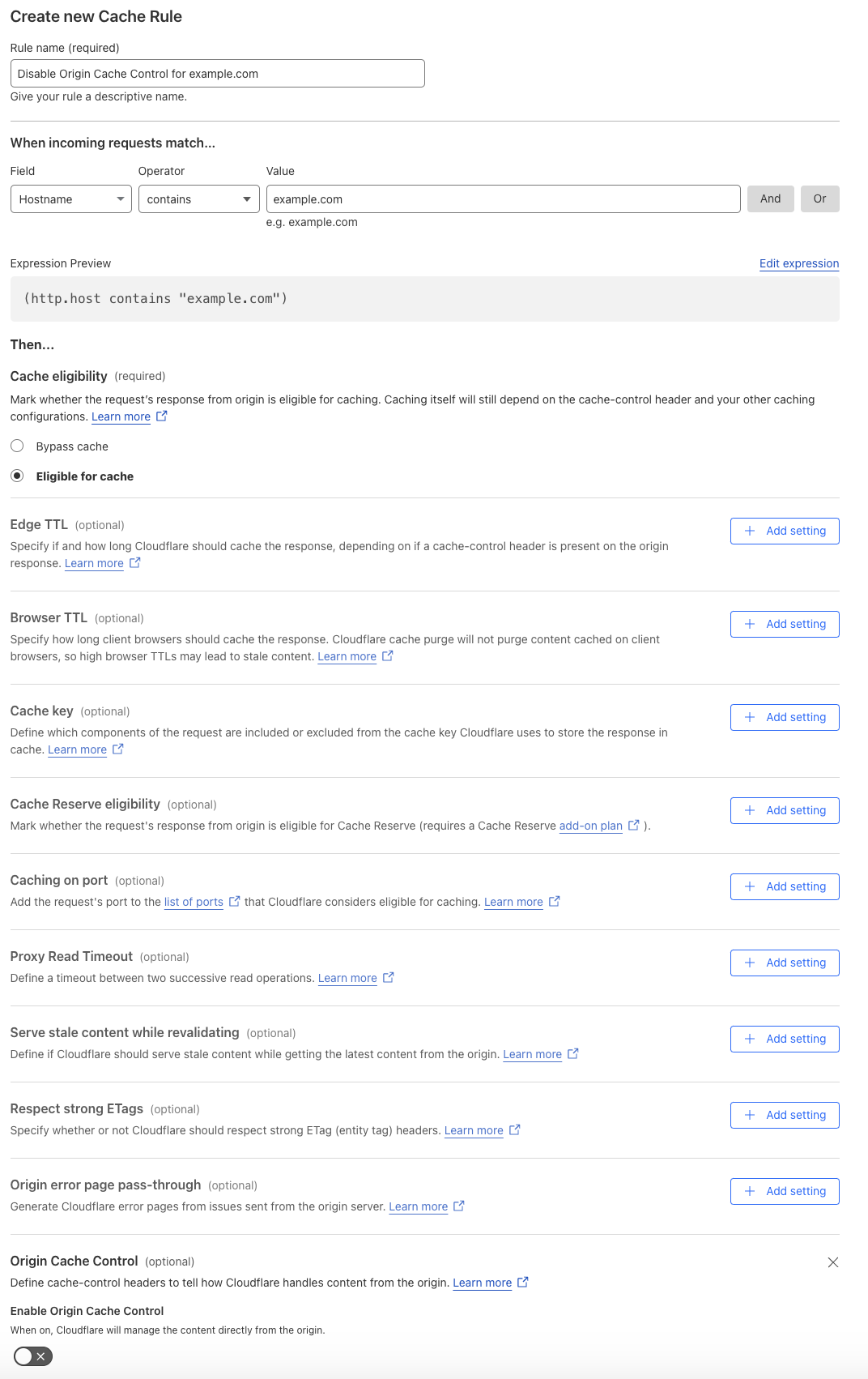 Cache rule matching the ‘Origin Cache Control’ setting of the example Page Rule