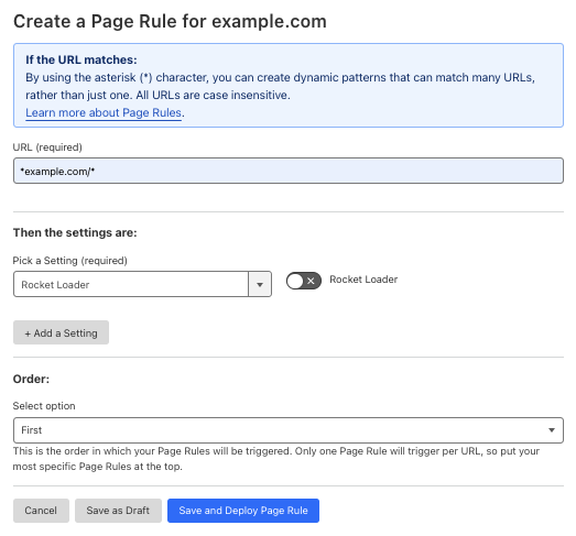 Example Page Rule with ‘Rocket Loader’ setting