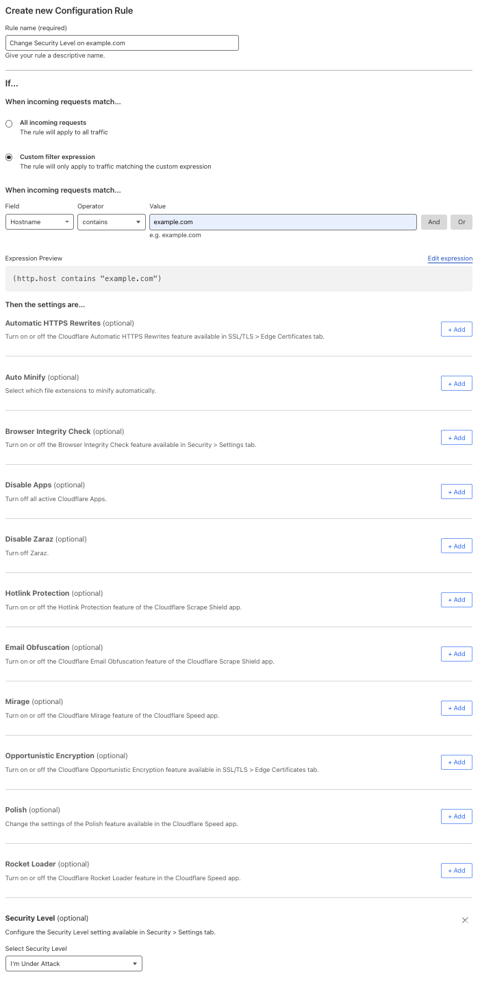 Configuration rule matching the “Security Level > I’m Under Attack” setting of the example Page Rule